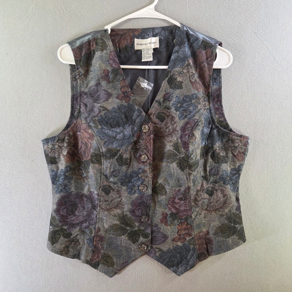 Newport News Vintage 90s Dark Floral Tapestry Vest Button Front Sz 16 Victorian